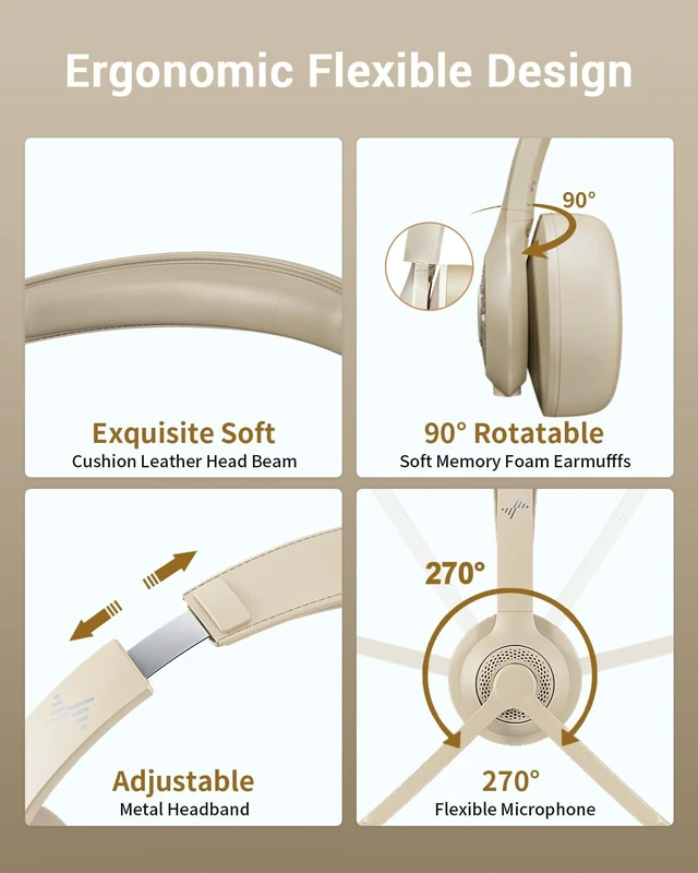 Alt view image 5 of 6 - Bluetooth Wireless Headset with Mic for Work, Bluetooth 5.2, Advanced Noise Reduction Microphone, Clear Calls - Comfortable On-Ear Headphones, Applicable to PC, Laptop, PhoneApricot