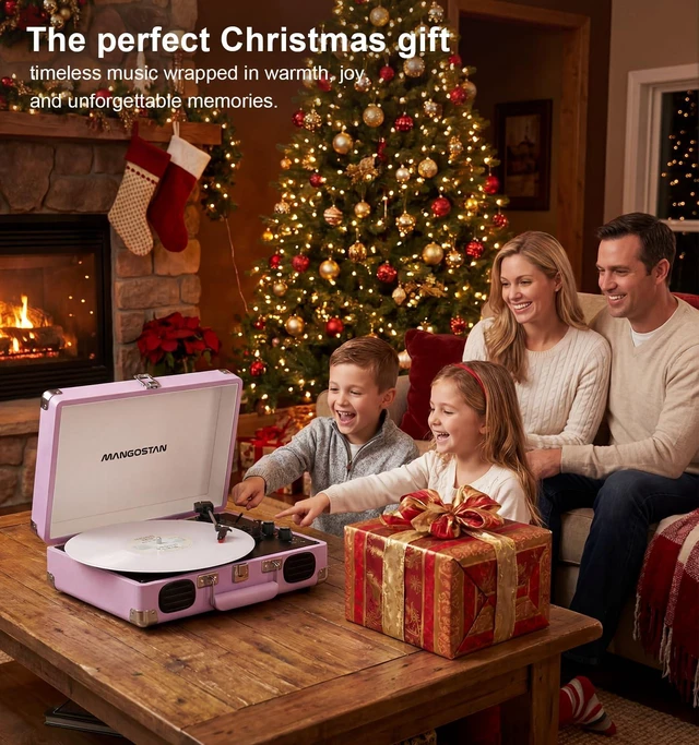 Alt view image 7 of 7 - Purple Bluetooth Suitcase Record Player, 3-Speed Turntable Vintage purple suitcase style with Bluetooth, 3-speed playback, built-in speakers, auto stop, AUX, RCA and headphone jack
