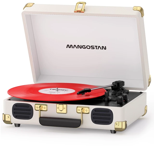 Main image of 3-Speed Bluetooth Record Player,Portable Suitcase Turntable,White Enjoy vinyl classics with 3-speed playback, Bluetooth, stereo speakers, AUX input, RCA output and headphone jack