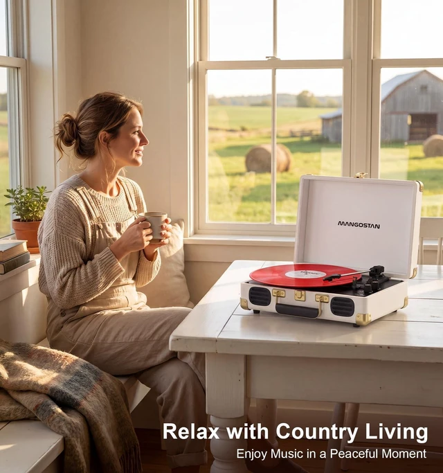 Alt view image 2 of 7 - 3-Speed Bluetooth Record Player,Portable Suitcase Turntable,White Enjoy vinyl classics with 3-speed playback, Bluetooth, stereo speakers, AUX input, RCA output and headphone jack