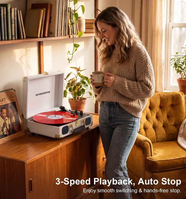Alt view image 3 of 7 - 3-Speed Bluetooth Record Player,Portable Suitcase Turntable,White Enjoy vinyl classics with 3-speed playback, Bluetooth, stereo speakers, AUX input, RCA output and headphone jack