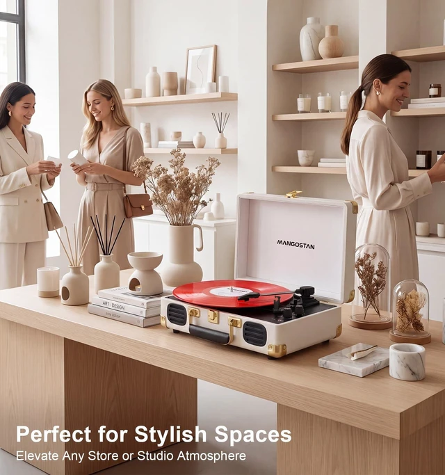 Alt view image 4 of 7 - 3-Speed Bluetooth Record Player,Portable Suitcase Turntable,White Enjoy vinyl classics with 3-speed playback, Bluetooth, stereo speakers, AUX input, RCA output and headphone jack
