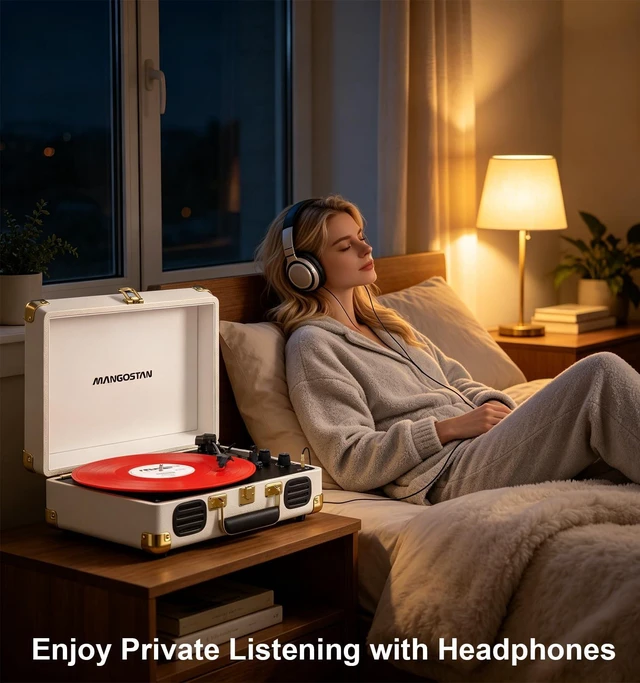 Alt view image 6 of 7 - 3-Speed Bluetooth Record Player,Portable Suitcase Turntable,White Enjoy vinyl classics with 3-speed playback, Bluetooth, stereo speakers, AUX input, RCA output and headphone jack