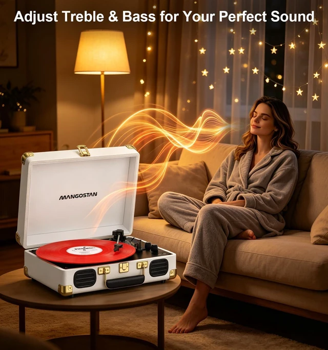 Alt view image 5 of 7 - 3-Speed Bluetooth Record Player,Portable Suitcase Turntable,White Enjoy vinyl classics with 3-speed playback, Bluetooth, stereo speakers, AUX input, RCA output and headphone jack