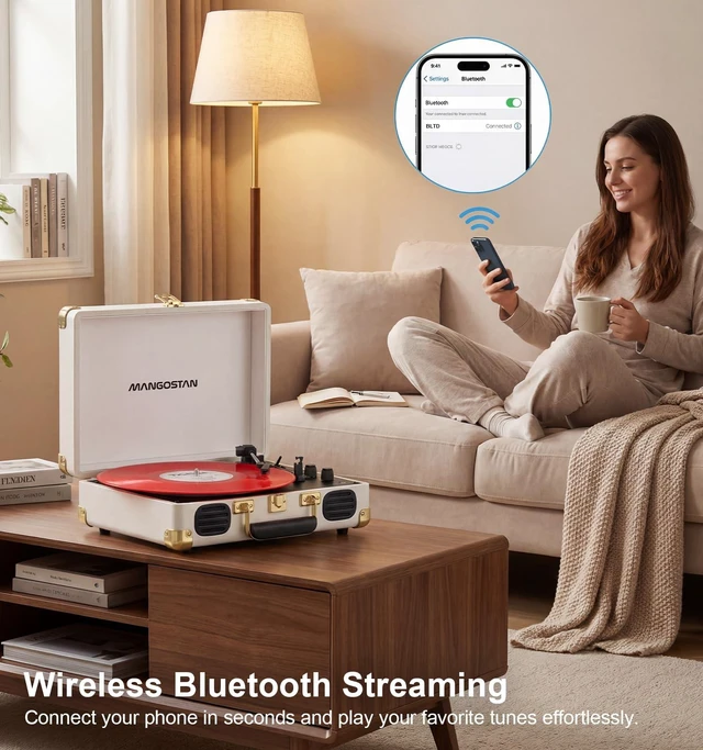 Alt view image 7 of 7 - 3-Speed Bluetooth Record Player,Portable Suitcase Turntable,White Enjoy vinyl classics with 3-speed playback, Bluetooth, stereo speakers, AUX input, RCA output and headphone jack