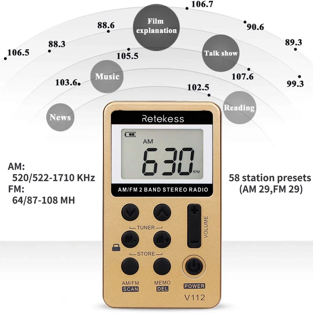 Alt view image 3 of 7 - V112 AM FM Radio Portable, Mini Radio(Gold) for Walking, Jogging, Digital Tuning, Rechargeable Battery, LCD Display