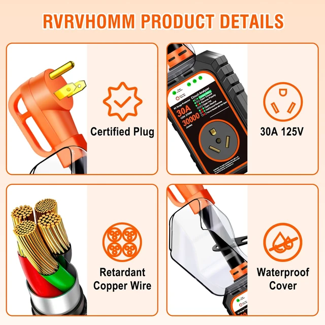 Alt view image 4 of 7 - 30000J 30Amp RV Surge Protector 30 Amp Flag Design - Upgraded Power Surges Voltage Protection Circuit Analyzer IP68 Waterproof Cover for 30A RVS Camper Trailer Must Haves (30Amp, Orange)