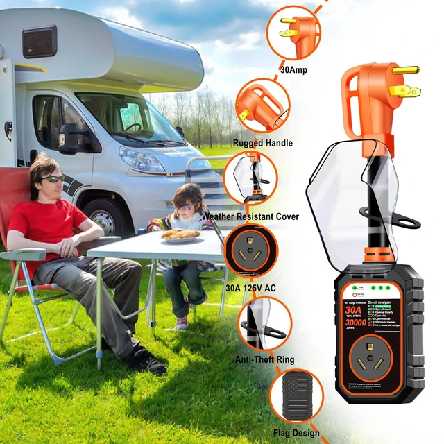 Alt view image 6 of 7 - 30000J 30Amp RV Surge Protector 30 Amp Flag Design - Upgraded Power Surges Voltage Protection Circuit Analyzer IP68 Waterproof Cover for 30A RVS Camper Trailer Must Haves (30Amp, Orange)