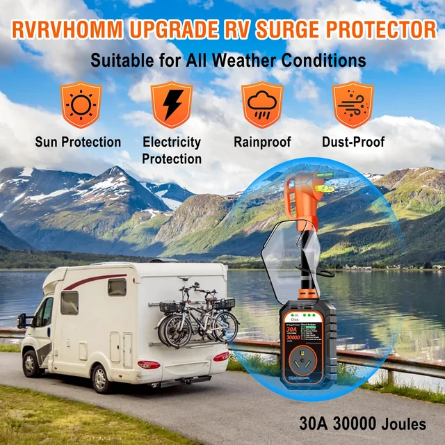 Alt view image 7 of 7 - 30000J 30Amp RV Surge Protector 30 Amp Flag Design - Upgraded Power Surges Voltage Protection Circuit Analyzer IP68 Waterproof Cover for 30A RVS Camper Trailer Must Haves (30Amp, Orange)