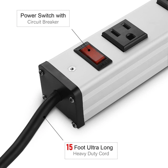 Alt view image 3 of 7 - Long Heavy Duty Metal Power Strip, 16 Outlet Large Industrial Multi Wide Strip for Garage Workshop, Extension Cord with Multiple Outlets, 15A, 125V, 1875W. 15 FT, Sliver