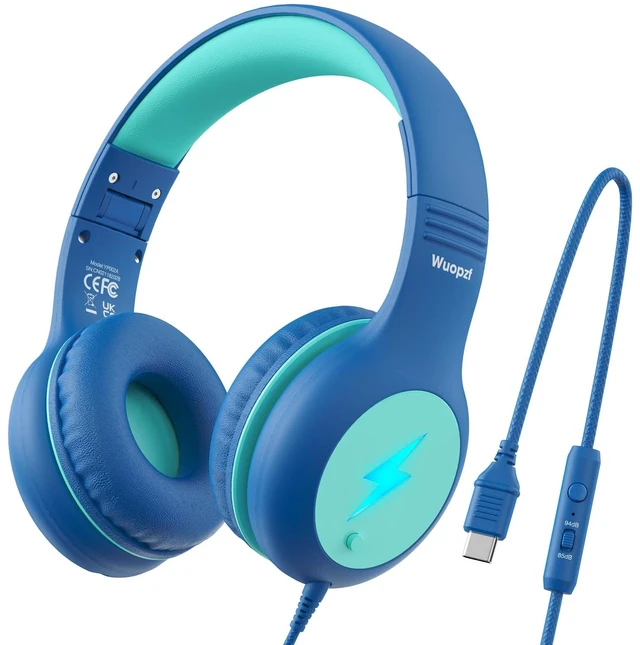 Main image of Kids USB C Headphones for School, Safe Listening Wired Over-Ear Headphones with LED Lights, Volume Limiter & Microphone, Foldable Design for iPhone 16/ 17, iPad, Tablet