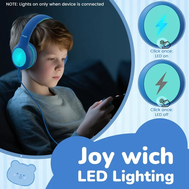 Alt view image 3 of 7 - Kids USB C Headphones for School, Safe Listening Wired Over-Ear Headphones with LED Lights, Volume Limiter & Microphone, Foldable Design for iPhone 16/ 17, iPad, Tablet