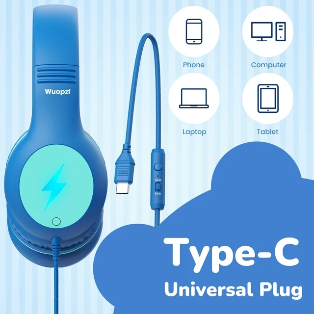 Alt view image 4 of 7 - Kids USB C Headphones for School, Safe Listening Wired Over-Ear Headphones with LED Lights, Volume Limiter & Microphone, Foldable Design for iPhone 16/ 17, iPad, Tablet