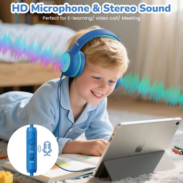 Alt view image 6 of 7 - Kids USB C Headphones for School, Safe Listening Wired Over-Ear Headphones with LED Lights, Volume Limiter & Microphone, Foldable Design for iPhone 16/ 17, iPad, Tablet