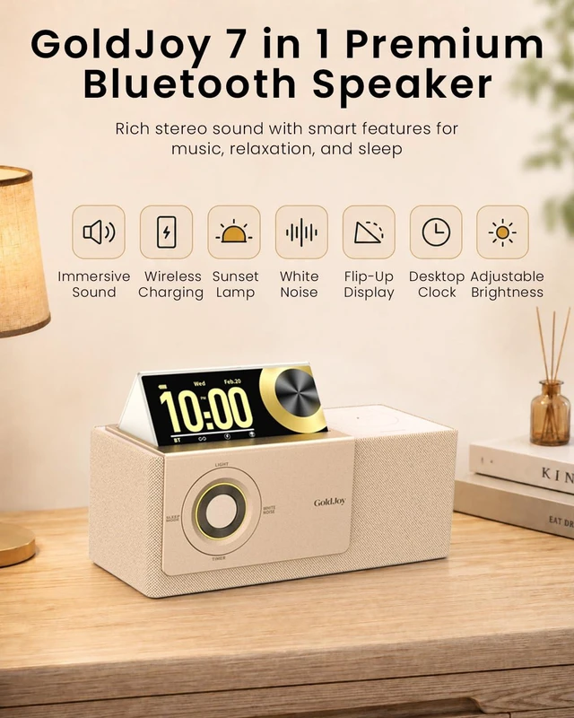 Alt view image 2 of 7 - Bluetooth Speaker Wireless, Charging Station for Home Sleep Gift Sound with Punchy Bass, 7 in 1 Sunset Lamp & White Noise, Smart Flip-Up LCD Display, Clock Syncs Phone's Time and Date