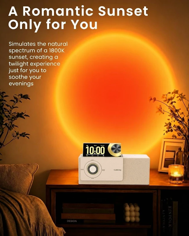 Alt view image 5 of 7 - Bluetooth Speaker Wireless, Charging Station for Home Sleep Gift Sound with Punchy Bass, 7 in 1 Sunset Lamp & White Noise, Smart Flip-Up LCD Display, Clock Syncs Phone's Time and Date