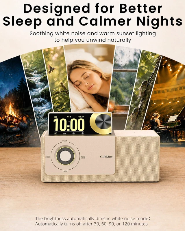 Alt view image 6 of 7 - Bluetooth Speaker Wireless, Charging Station for Home Sleep Gift Sound with Punchy Bass, 7 in 1 Sunset Lamp & White Noise, Smart Flip-Up LCD Display, Clock Syncs Phone's Time and Date