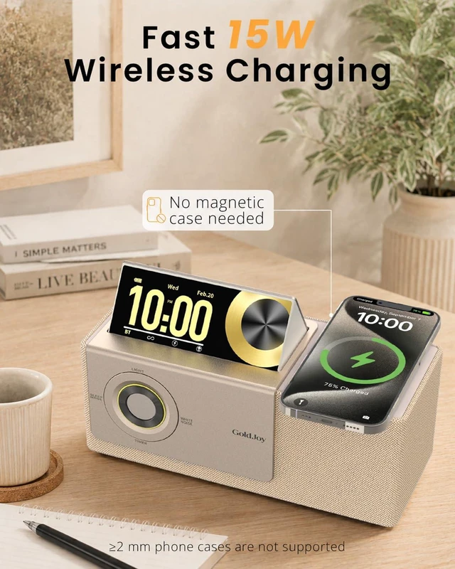 Alt view image 4 of 7 - Bluetooth Speaker Wireless, Charging Station for Home Sleep Gift Sound with Punchy Bass, 7 in 1 Sunset Lamp & White Noise, Smart Flip-Up LCD Display, Clock Syncs Phone's Time and Date