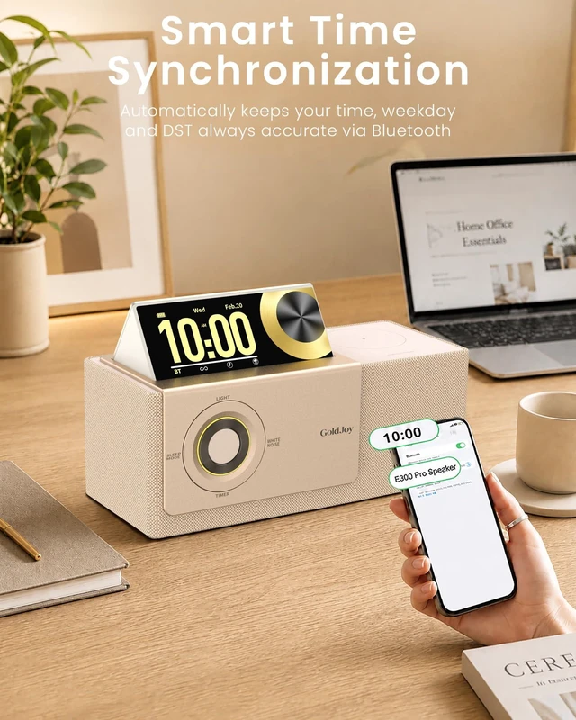 Alt view image 7 of 7 - Bluetooth Speaker Wireless, Charging Station for Home Sleep Gift Sound with Punchy Bass, 7 in 1 Sunset Lamp & White Noise, Smart Flip-Up LCD Display, Clock Syncs Phone's Time and Date