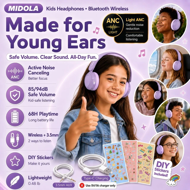 Alt view image 2 of 7 - Kids Bluetooth Headphones Wireless Over-Ear,Active Noise Cancelling,Purple 68Hrs,Volume Limit 85/94dB,Built-in Mic,Adjustable Headband Foldable Lightweight for Toddler School Girls Boys,Stereo Sound