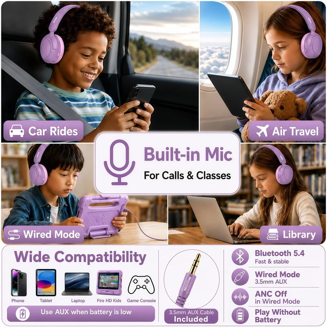 Alt view image 5 of 7 - Kids Bluetooth Headphones Wireless Over-Ear,Active Noise Cancelling,Purple 68Hrs,Volume Limit 85/94dB,Built-in Mic,Adjustable Headband Foldable Lightweight for Toddler School Girls Boys,Stereo Sound