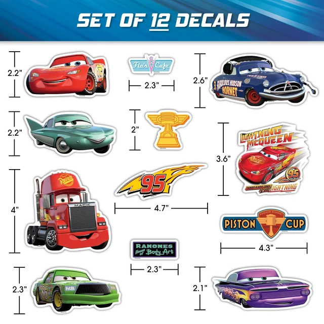 Alt view image 3 of 7 - Disney Pixar Cars Decals - Set of 12 Lightning McQueen Doc Hudson Mack Chick Hicks Ramone Flo Vinyl Stickers for Car Laptop Computer Kids Water Bottle Outdoor Waterproof