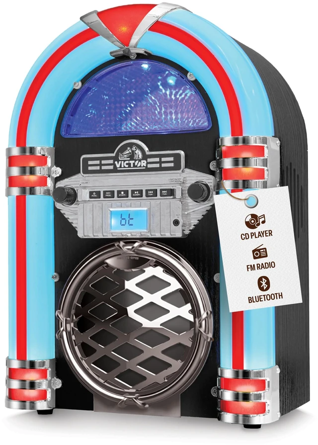 Main image of VDTJ-1550 Tabletop Jukebox with Bluetooth, CD Player & FM Radio 15" retro juke box music player, Mini digital speaker with color-changing LEDs, wireless streaming & AUX-in port, Black