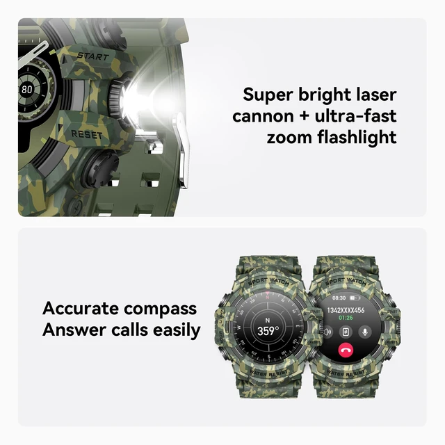 Alt view image 3 of 6 - Military Smart Watch with Flashlight/Compass (Answer/Make Call) Heart Rate/Sleep/Sports Tracker, IP68 Waterproof, Long Battery Life, HD Screen (Camo Green)