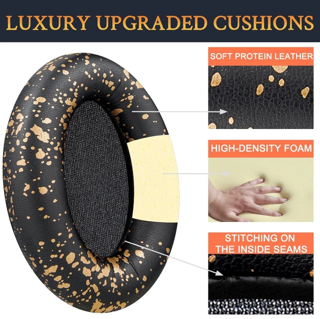 Alt view image 3 of 3 - Professional Earpads Cushions Replacement for Sony WH-1000XM3 (WH1000XM3) Over-Ear Headphones, Ear Pads with Softer Protein Leather, Noise Isolation Memory Foam, Added Thickness (Black Gold)