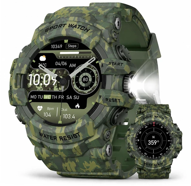 Main image of Military Smart Watch with Flashlight/Compass (Answer/Make Call) Heart Rate/Sleep/Sports Tracker, IP68 Waterproof, Long Battery Life, HD Screen (Camo Green)