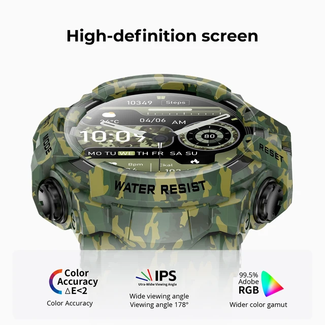 Alt view image 2 of 6 - Military Smart Watch with Flashlight/Compass (Answer/Make Call) Heart Rate/Sleep/Sports Tracker, IP68 Waterproof, Long Battery Life, HD Screen (Camo Green)