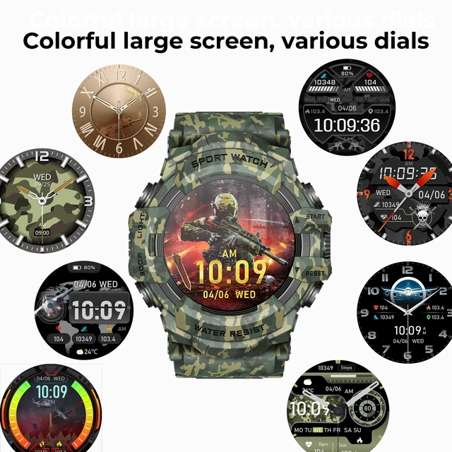 Alt view image 6 of 6 - Military Smart Watch with Flashlight/Compass (Answer/Make Call) Heart Rate/Sleep/Sports Tracker, IP68 Waterproof, Long Battery Life, HD Screen (Camo Green)