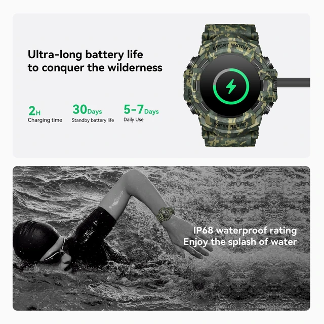 Alt view image 5 of 6 - Military Smart Watch with Flashlight/Compass (Answer/Make Call) Heart Rate/Sleep/Sports Tracker, IP68 Waterproof, Long Battery Life, HD Screen (Camo Green)