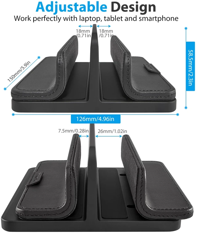 Alt view image 3 of 7 - Dual Vertical Laptop Stand, 3 in 1 Upright Desktop Stand Holder with Adjustable Dock (Up to 17.3''), Leather Laptop Rack Storage Desk Organizer for Phone, Tablet, MacBook/HP/Dell/Chrome Book (Black)