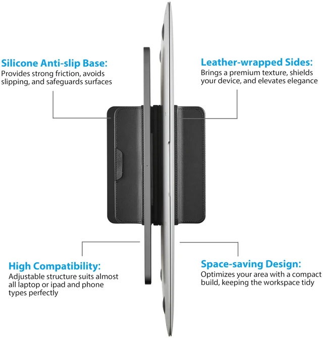 Alt view image 2 of 7 - Dual Vertical Laptop Stand, 3 in 1 Upright Desktop Stand Holder with Adjustable Dock (Up to 17.3''), Leather Laptop Rack Storage Desk Organizer for Phone, Tablet, MacBook/HP/Dell/Chrome Book (Black)