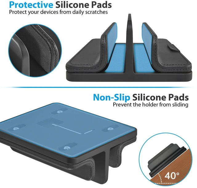 Alt view image 4 of 7 - Dual Vertical Laptop Stand, 3 in 1 Upright Desktop Stand Holder with Adjustable Dock (Up to 17.3''), Leather Laptop Rack Storage Desk Organizer for Phone, Tablet, MacBook/HP/Dell/Chrome Book (Black)