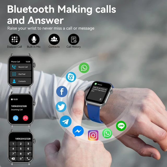 Alt view image 2 of 7 - Smart Watches for Men Women with Bluetooth Calling, 1.83" HD Touchscreen Fitness Tracker, IP68 Waterproof, 120+ Sports Modes, Heart Rate & Sleep Monitor, Activity Tracker for iPhone Android (Blue)