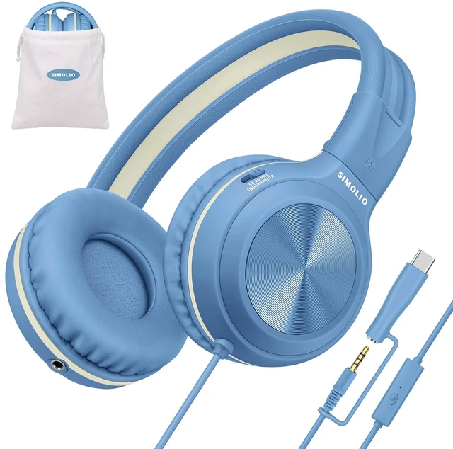 Main image of Manyshare USBC & 3.5mm Kids Headphones for School, Travel, Airplane HD Mic for Calls, Classes and Games, Share Port and Volume Limiting, Durable Foldable Over-Ear for Kindle iPad Chromebook PC