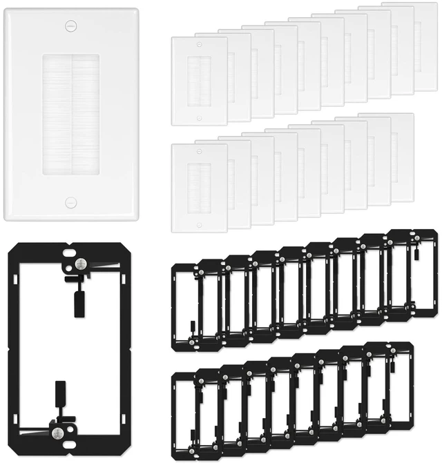 Main image of Brush Wall Plate with Low Voltage Mounting Bracket, White, 20 pack Cable Pass Through Insert for Wires, Single Gang Cable Access Strap, Wall Socket for HDTV, Home Theater Systems