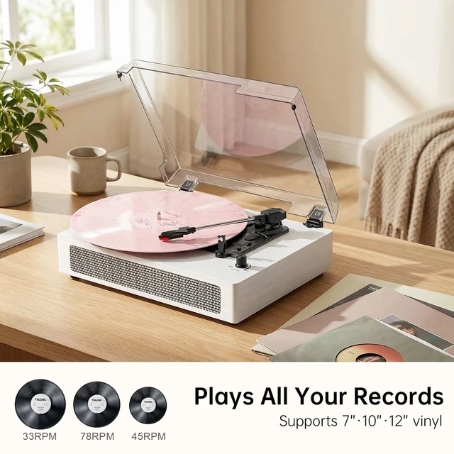 Alt view image 3 of 7 - Vinyl Record Player Bluetooth Turntable with Built in Stereo Speakers Belt Drive 3 Speeds Turntables for Vinyl Records Support RCA Output, Aux in/Out, Auto Stop White