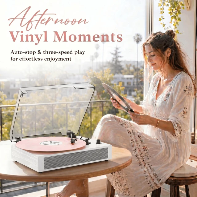 Alt view image 4 of 7 - Vinyl Record Player Bluetooth Turntable with Built in Stereo Speakers Belt Drive 3 Speeds Turntables for Vinyl Records Support RCA Output, Aux in/Out, Auto Stop White