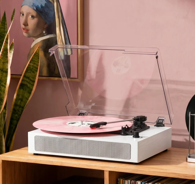 Alt view image 6 of 7 - Vinyl Record Player Bluetooth Turntable with Built in Stereo Speakers Belt Drive 3 Speeds Turntables for Vinyl Records Support RCA Output, Aux in/Out, Auto Stop White