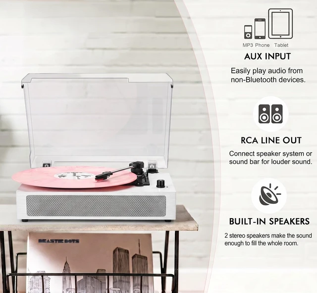 Alt view image 5 of 7 - Vinyl Record Player Bluetooth Turntable with Built in Stereo Speakers Belt Drive 3 Speeds Turntables for Vinyl Records Support RCA Output, Aux in/Out, Auto Stop White