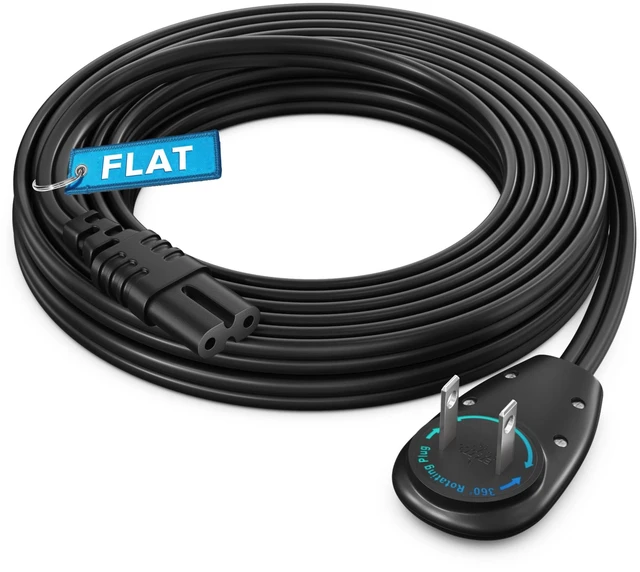 Main image of TV Power Cord 12 Ft, 2-Prong IEC C7, Black, 360 Rotating Flat Plug, UL Works with gaming consoles, speakers, printers, and all IEC C7-compatible electronics