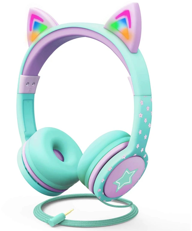 Main image of Kids Headphones with LED Cat Ears (85dB Safe Volume Limit), 3.5mm Soft On-Ear Wired Headphones with Tangle-Free Laced Cables for iPad/Tablet/School/Travel - Teal/Light Purple