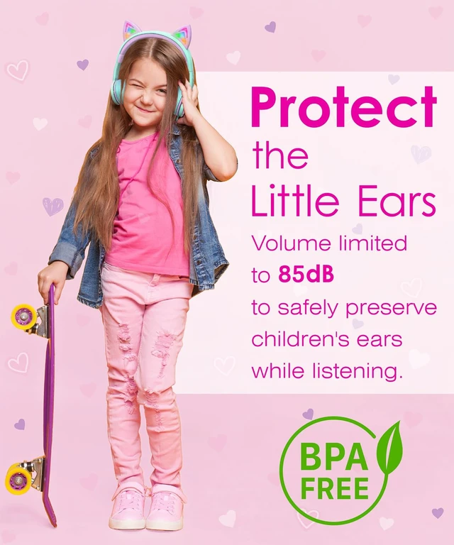 Alt view image 4 of 7 - Kids Headphones with LED Cat Ears (85dB Safe Volume Limit), 3.5mm Soft On-Ear Wired Headphones with Tangle-Free Laced Cables for iPad/Tablet/School/Travel - Teal/Light Purple