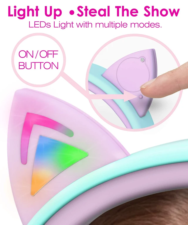 Alt view image 5 of 7 - Kids Headphones with LED Cat Ears (85dB Safe Volume Limit), 3.5mm Soft On-Ear Wired Headphones with Tangle-Free Laced Cables for iPad/Tablet/School/Travel - Teal/Light Purple