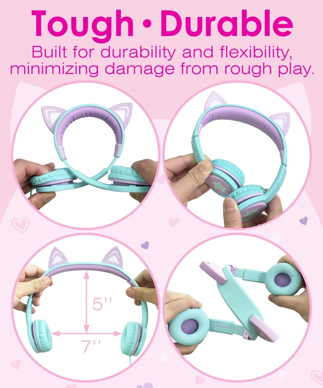 Alt view image 3 of 7 - Kids Headphones with LED Cat Ears (85dB Safe Volume Limit), 3.5mm Soft On-Ear Wired Headphones with Tangle-Free Laced Cables for iPad/Tablet/School/Travel - Teal/Light Purple