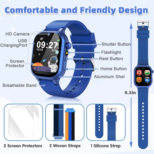 Alt view image 7 of 7 - Smart Watch for Kids with 40 Games Video Camera Music Pedometer Flashlight Alarms, 12/24 hr, HD TouchScreen Kids Watch, 2 Extra Bands, Birthday Gift for Boys Girls Ages 4-12 Years Old(Blue)