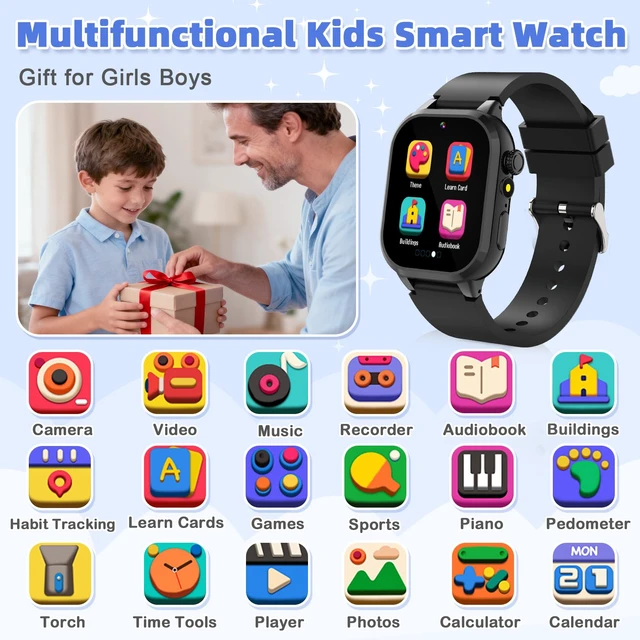 Alt view image 2 of 7 - Smart Watch for Kids, Smart Watch Boys Toys with 40 Games Camera Video Recorder, Music, Alarm, Learn Card, Audiostory, Flashlight,Pedometer, 2 Extra Bands, Gift Toys for 3-12 Years Old Boys(Black)